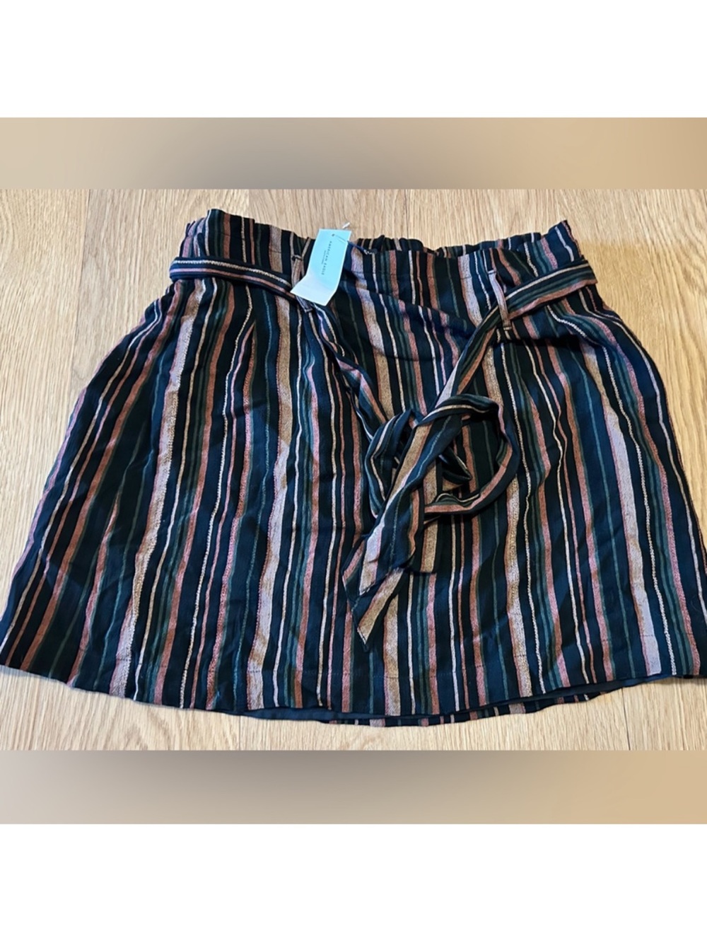American Eagle Outfitters Black green brown Striped Mini Skirt 2 layers NWT belt